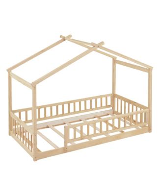 Twin Size Wood House Bed Roof Fence Pine Wood Frame 7 Slats Kids Bedroom