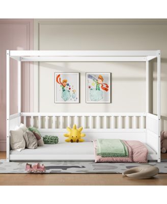 Wooden Canopy Floor Bed With Guardrails Four Poster Design For Kids