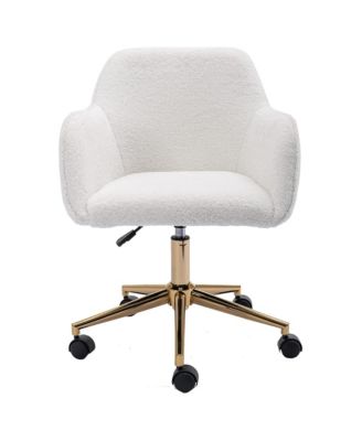 Modern Teddy Fabric Home Office Chair - Adjustable Swivel Desk Chair, Cute Fluffy Computer Chair with Gold Metal Legs for Vanity Room