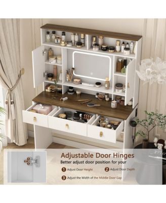 Farmhouse Makeup Vanity Desk - 43" Wide Dressing Table with Lighted Mirror, Power Outlet, Open Shelves, Side Cabinet and Drawers for Bedroom