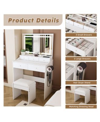 Large Mirror Vanity Desk, Makeup Vanity Set with 5 Drawers, Power Outlet, Hair Dryer Holder and 3 Lighting Color Adjustable for Bedroom