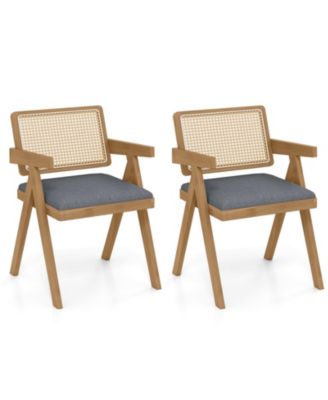 Set of 2 Rattan Accent Chairs with Padded Cushion and Rubber Wood Frame