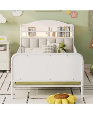 Metal Platform Bed With LED Light Velvet Upholstered Headboard Storage