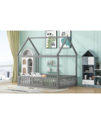 Wood House Bed With Fence Door Gray Distressed Washed Pine Wood MDF