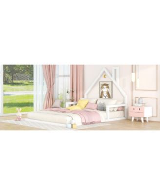 Wood Floor Bed House Shaped Headboard White Pine MDF No Box Spring