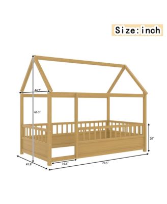 Wooden Floor Bed With House Roof Frame And Fence Guardrails For Kids