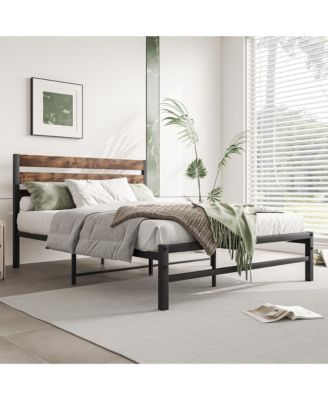 Platform Bed Rustic Wood Headboard Metal Slats Storage
