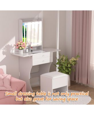 Vanity Set - White Makeup Vanity Table with Stool, Compartmentalized Drawers and Foldable Side Tables, Dressing Table for Bedrooms
