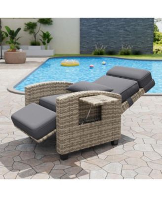 PE Wicker Outdoor Recliner Lounge Chair with 145° Recline, Footrest and Side Table, Cushioned Patio/Poolside/Balcony Chair