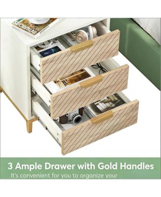 3-Drawer Bedside Table, Wooden Nightstand with Gold Metal Frame and Adjustable Invisible Foot Pads for Bedroom