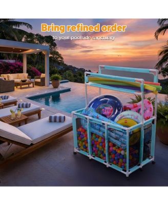 424 Gal Pool Float Storage Bin Blue Net Replacement 52"x33"x67" 2 Tiers Rolling Toys Cart