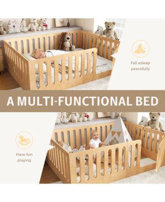 Queen Size Kids Floor Bed, Solid Wood Bed Frame with High Side Fence and Door, Children's Sleep Bed for Boys Girls, No Box Spring Required