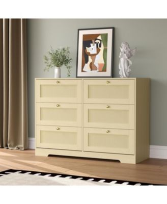 Rattan Dresser with 6 Drawers, Modern Boho Wooden Dresser for Bedroom Storage, Wicker Chest of Drawers with Metal Handles and Solid Wood Legs