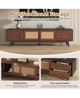 Mid Century TV Stand 70'' Media Console Cabinet Rattan Sliding Doors