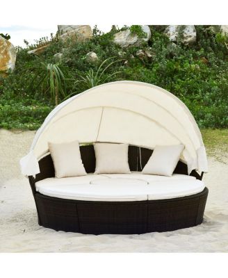 Cushioned Patio Rattan Round Daybed w/ Adjustable Table 3 Pillows Canopy