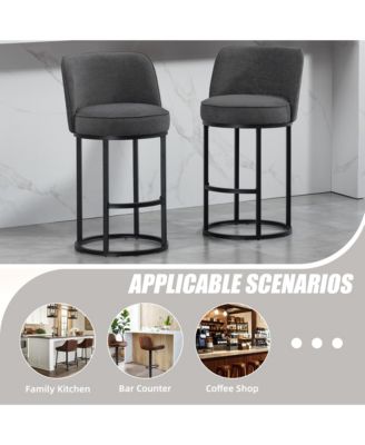 Modern Barrel Bar Stools Set of 2 - Linen Fabric Upholstered Counter Height Chairs with Back and Footrest for Kitchen Island