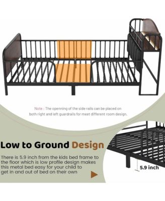 Twin Size Metal Platform Bed with LED Light, Upholstered Storage Headboard and Low Profile Design for Kids Boys Girls