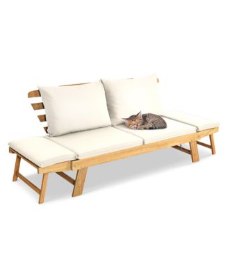 Adjustable Patio Sofa Daybed Acacia Wood Furniture w/ Cushions