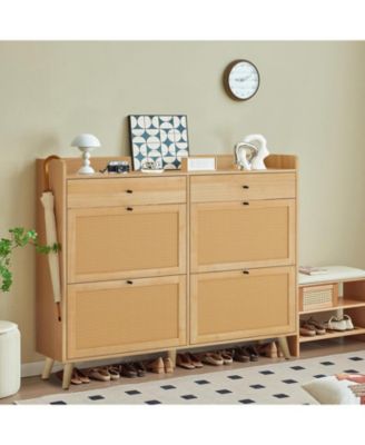 Large Rattan Shoe Cabinet with 4 Flip Drawers, Freestanding Shoe Storage Organizer