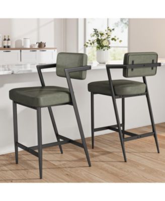 Bar Stools Set of 2 w/Backrest,27" Counter Height Bar Stool with Armrest and Footrest,Tall Bar Chairs Thick Cushion and Thickened Metal