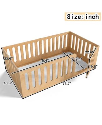 Twin Size Solid Wood Kids Floor Bed Frame, High Safety Fence with Door, Low-Profile Montessori Bed for Boys and Girls, No Box Spring Needed