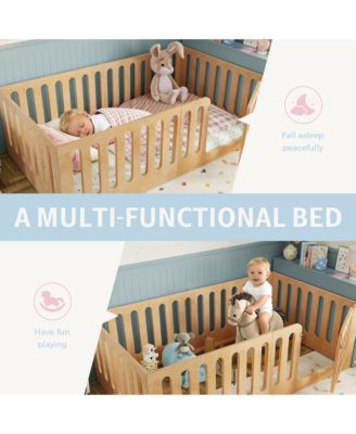 Twin Size Solid Wood Kids Floor Bed Frame, High Safety Fence with Door, Low-Profile Montessori Bed for Boys and Girls, No Box Spring Needed