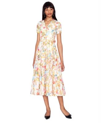 Women's V-Neck Tiered Polyester Midi Shirt Dress