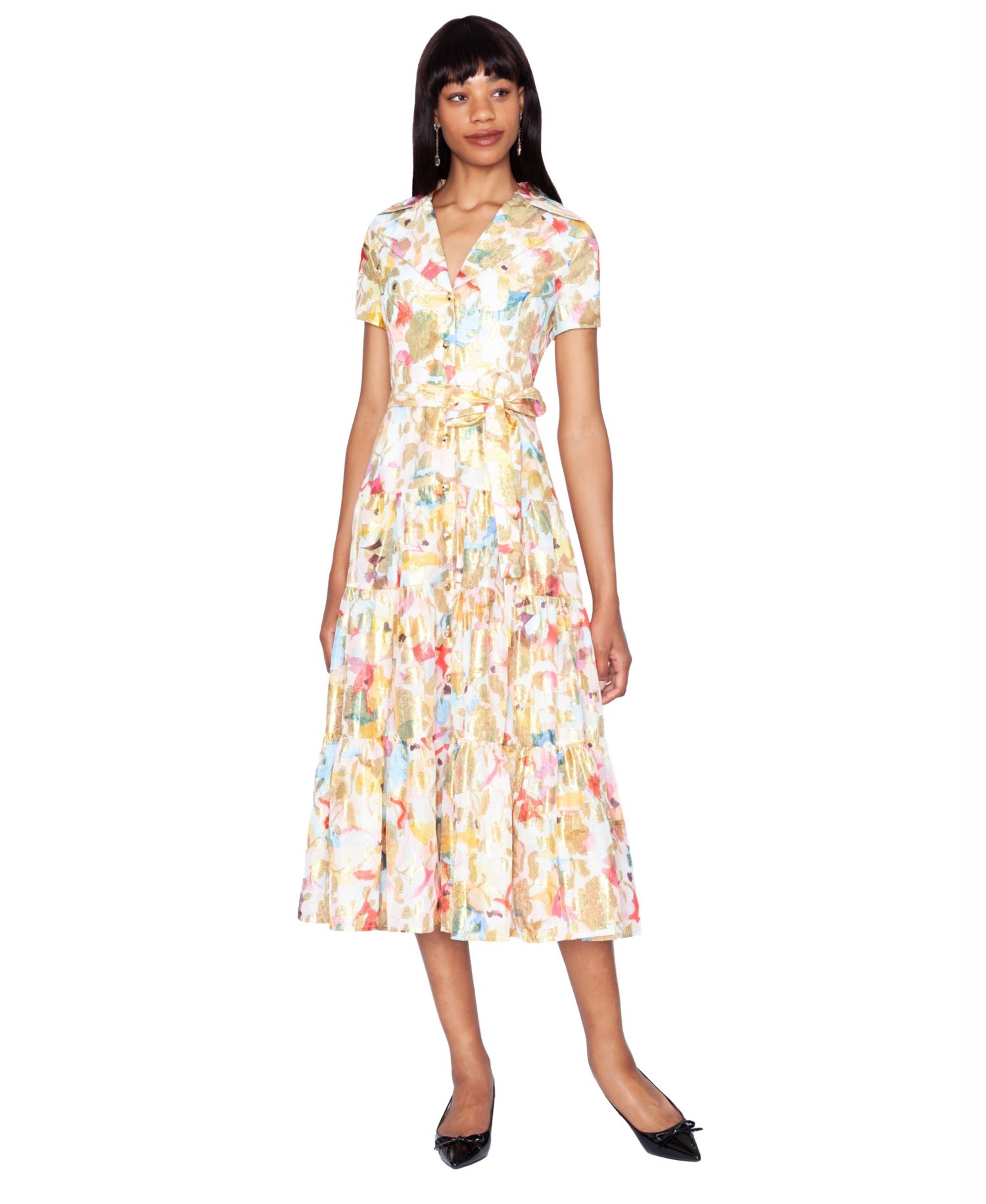 Women's V-Neck Tiered Polyester Midi Shirt Dress