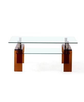 Rectangle 2-Tier Glass Coffee Table, Modern Small Center Table with Storage and Metal Legs for Living Room, Home Office