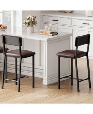 Bar Stools Set of 2, PU Leather Counter Height Stools with Backrest and Footrest