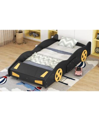Twin Size Race Car Bed With Wheels Storage Pine Wood MDF No Box Spring