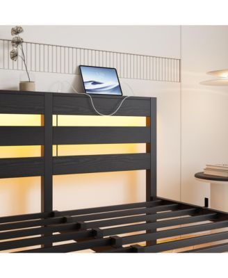 Full Size Metal Bed Wooden Headboard RGB Lights Charger Storage
