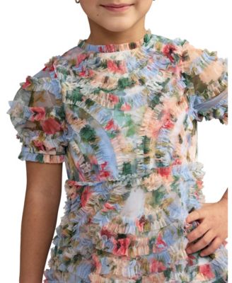 Girls Floral Mesh Tiered Ruffle Puff Sleeve Party Dress