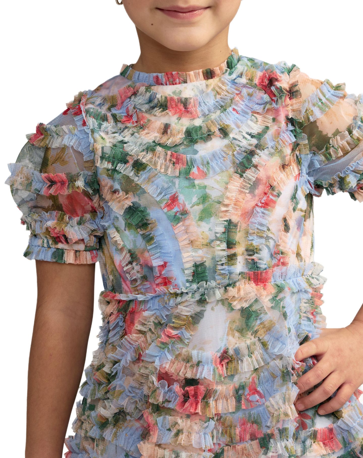 Платье Mac Duggal Floral Mesh Tiered Ruffle Puff Sleeve Party Dress для девочек, цвет: Синий разноцветный — фото 3