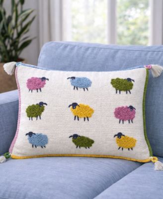 Whimsical Sheep Embroidered Lumbar Decorative Pillow, 14" x 20"