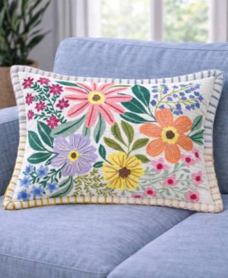 Backyard Garden Floral Embroidered Lumbar Decorative Pillow, 14" x 20"