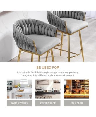 Velvet Bar Stools Set of 2 - Hand-Wave Back, Golden Chrome Base and Footrest, Counter Height Chairs for Kitchen Island, Home Pub