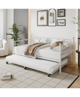 Twin Daybed with Trundle, Metal Trundle Bed, Sofa Bed Frame, Heavy Duty Metal Slats, for Living Room, Bedroom, Guest Room, Space Saving