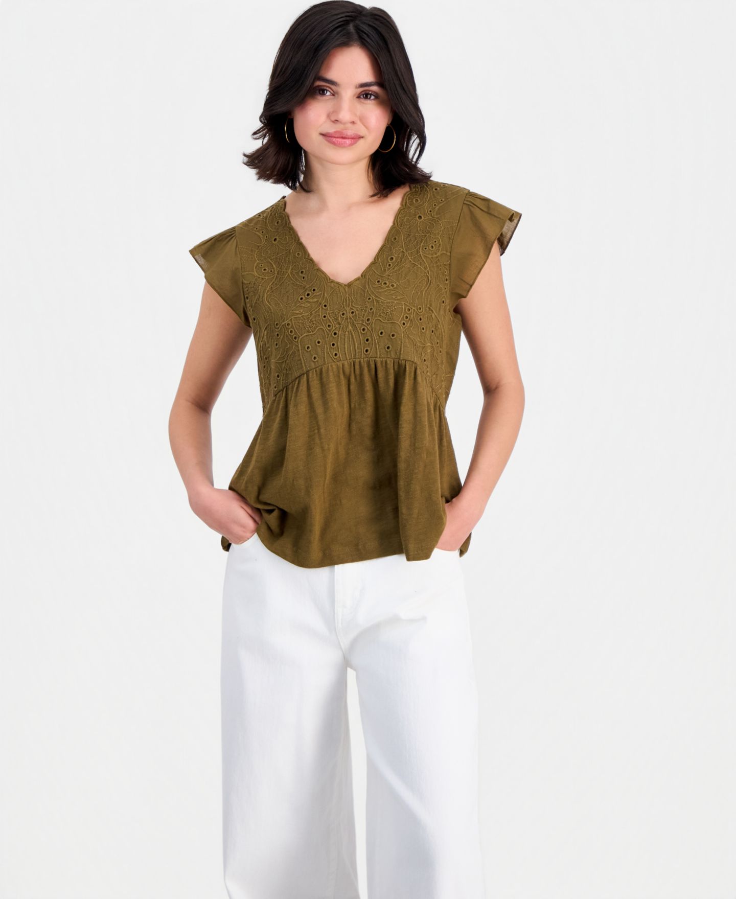 Женский топ Democracy Petite Embroidered Cotton Flutter-Sleeve, цвет: Золотой — фото 3