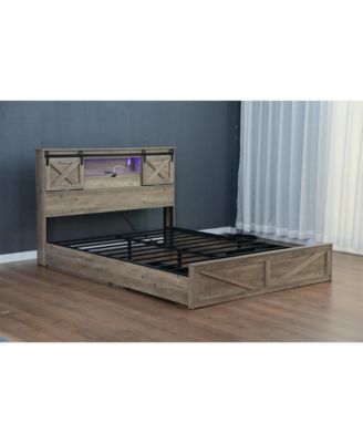  Farmhouse Bed Frame With LED Lights Charging Station 2 Storage Drawers