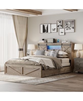  Farmhouse Bed Frame With LED Lights Charging Station 2 Storage Drawers