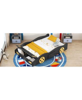 Race Car Shaped Platform Bed Wheels Storage Pine Wood MDF