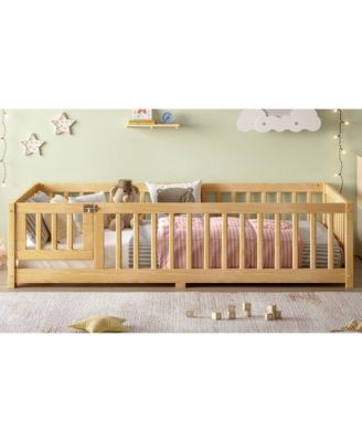 Kids Floor Bed with Safety Guardrails Removable Slats and Door Wood Construction