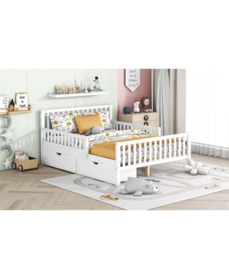  Wood Platform Bed with Dual Side Guardrails Two Storage Drawers and Slat Support