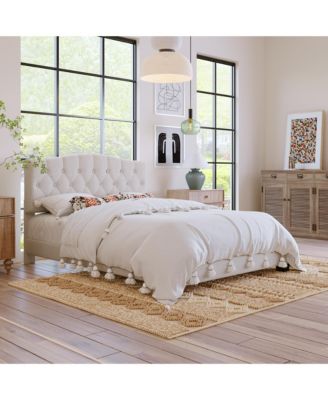 Upholstered Platform Bed Saddle Curved Adjustable Headboard Diamond Tufted Beige No Box Spring