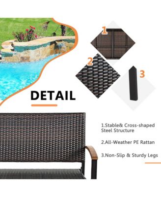 Patio Wicker Bench All Weather Rattan Chair Loveseat w/ Acacia Armrest