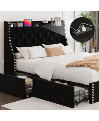 Queen Bed Frame with Wingback Headboard & 4 Drawers, Velvet Upholstered, Charging Station, Button Tufted, No Box Spring