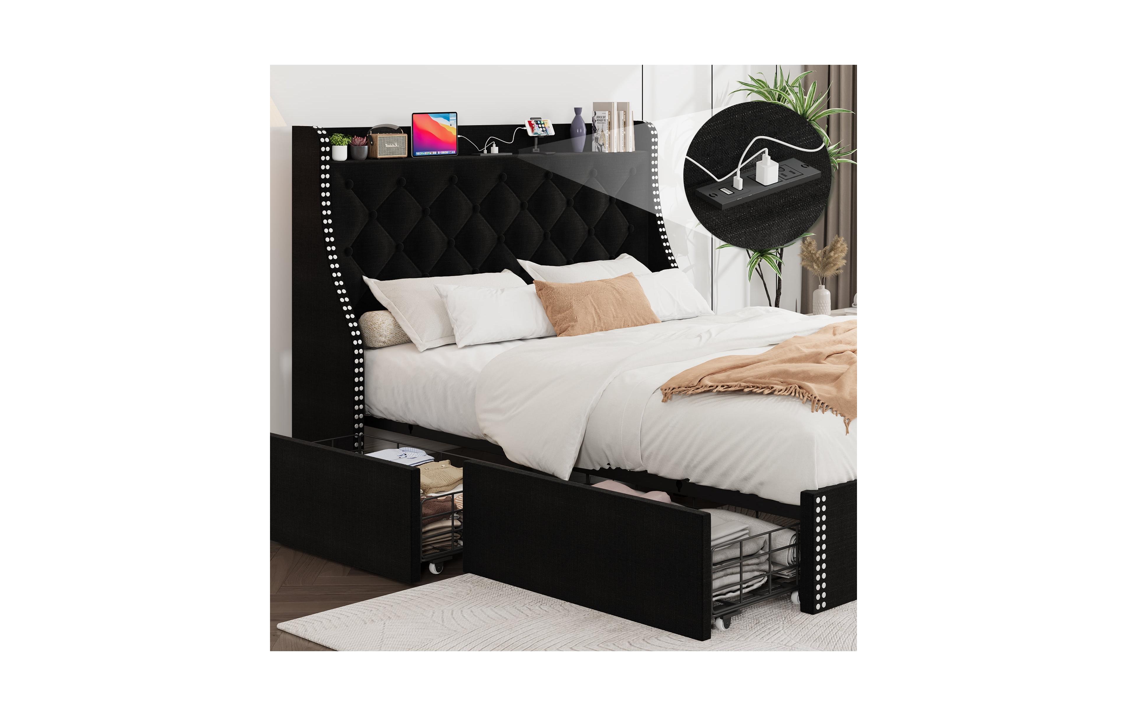 gaomon Queen Bed Frame with Wingback Headboard & 4 Drawers, Velvet Upholstered, Charging Station, Button Tufted, No Box Spring