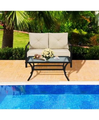 2PCS Outdoor Loveseat Set Cushioned Patio Bench Sofa w/ Coffee Table