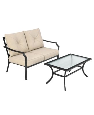 2PCS Outdoor Loveseat Set Cushioned Patio Bench Sofa w/ Coffee Table